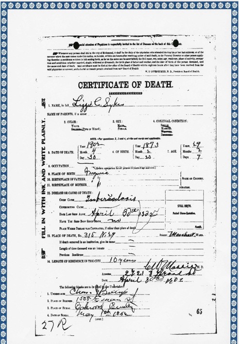 Lizzie C Sykes death certificate